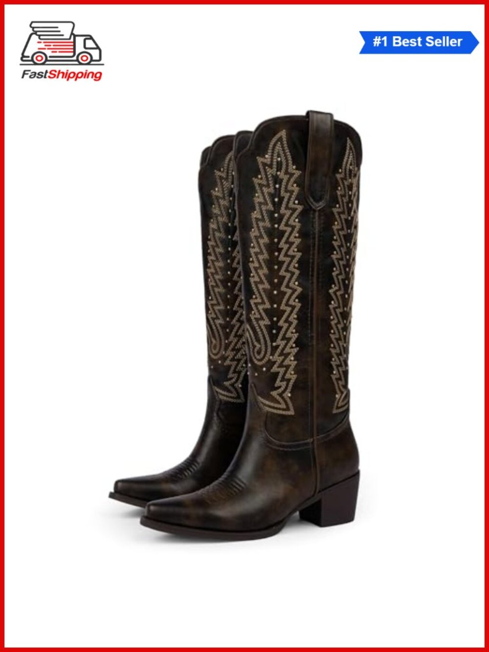 Studded Embroidered Knee High Cowboy Boots Chunky Heel Pointed Toe